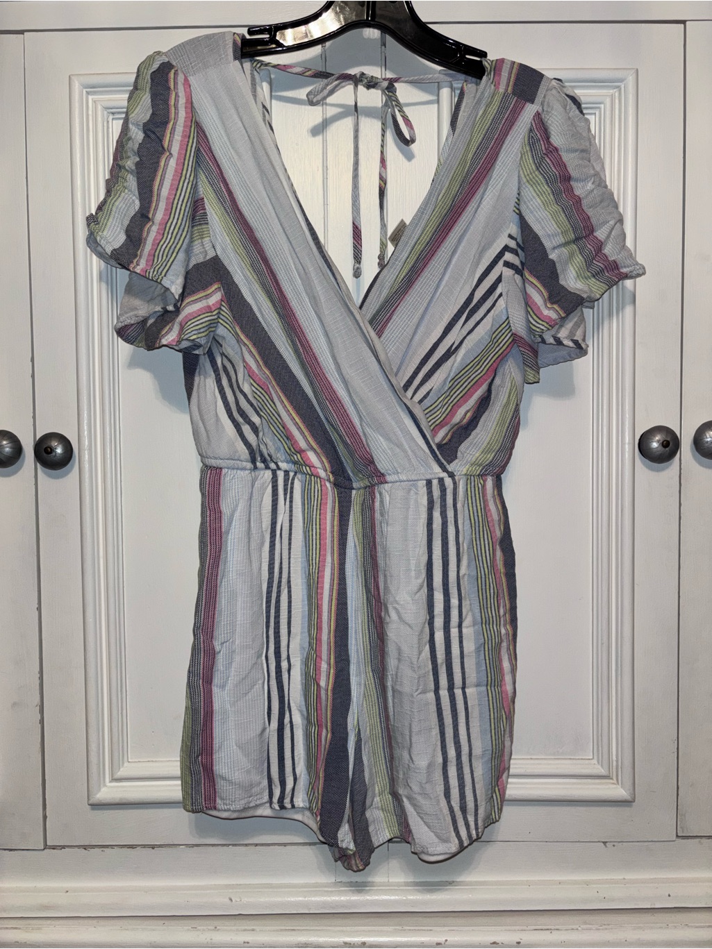 Alter’d State Striped V-Neck Short Sleeve Romper In Pastel Multi